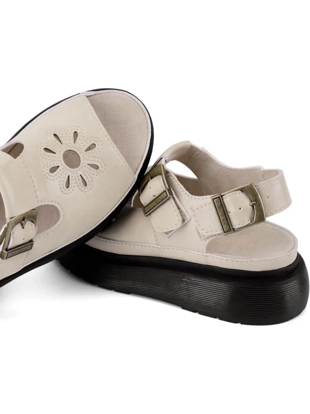 Womens Beige Flat Open Toe Flower Decoration Fisherman Platform Sandal Shoes